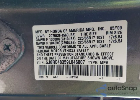 2009 Honda Cr-V Lx from USA, damaged, VIN 5J6RE48359L046007